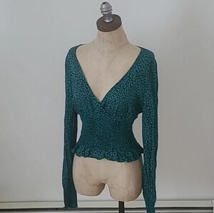 NWT Q&A Leopard Print Smocked Bodice Long Sleeve Deep V-neck Top S